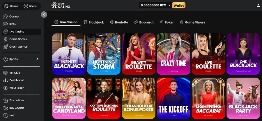 Juegos de casino en vivo en WSM Casino