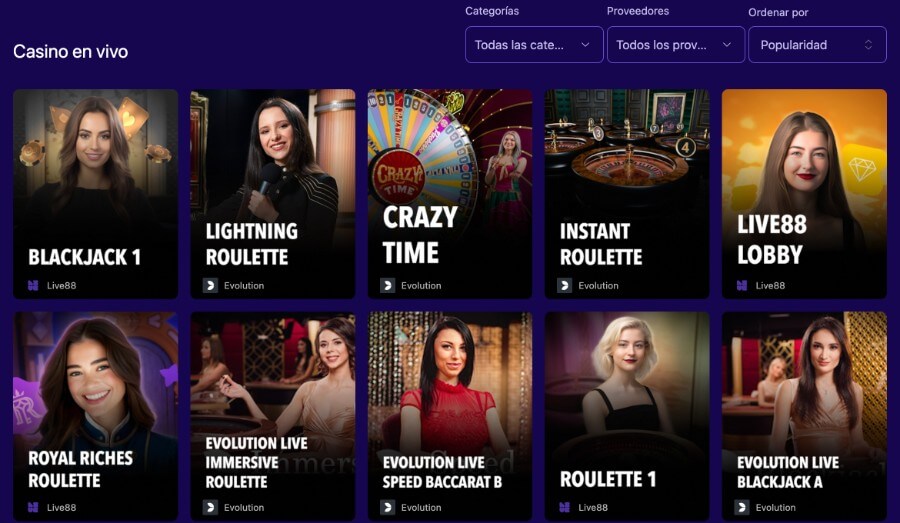 Selección de casino en vivo en Empire.io Casino