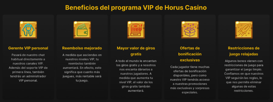 Programa VIP en Horus Casino. Giros gratis, bonos de reembolso, agente VIP