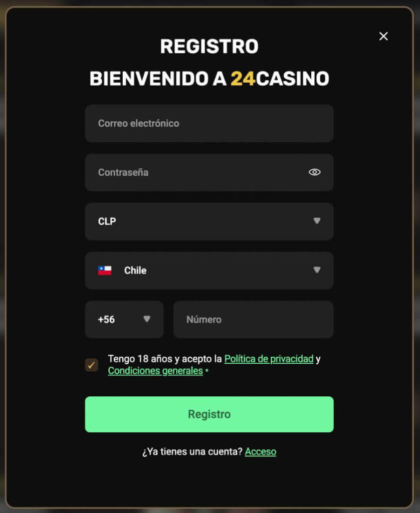 Proceso de registro en 24Casino Chile