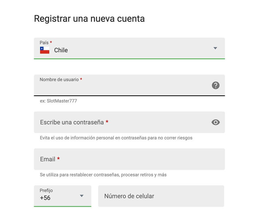 Formulario de registro en JackpotCity Chile